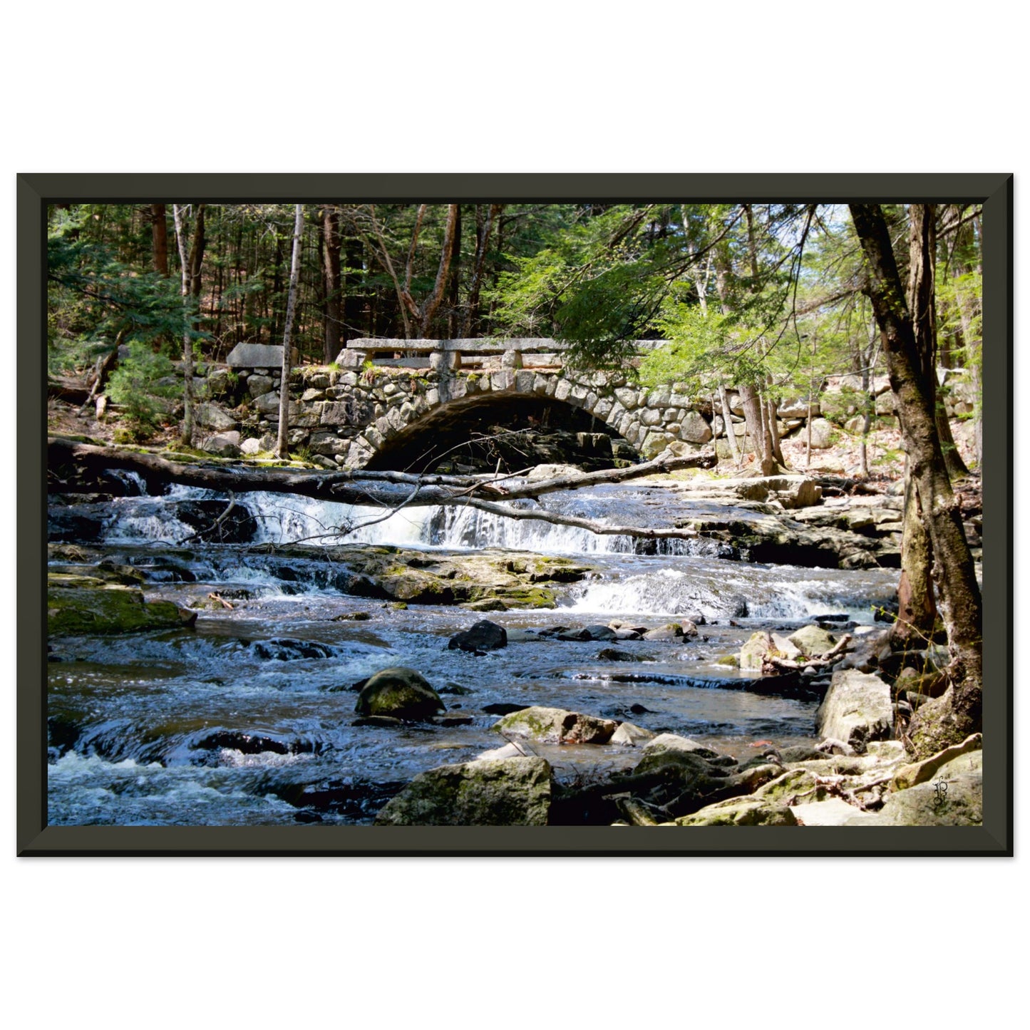 Stone bridge and Waterfall Poster Gloss with Metal Frame